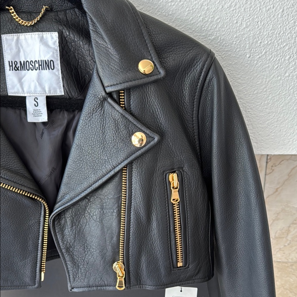 HM Moschino Black Leather Jacket with Gold Accents - Picture 7 of 14